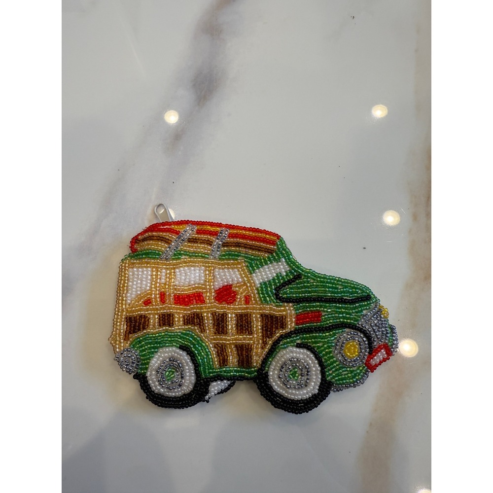 C. Marie Beaded Woody Station Wagon Coin Purse Green Yellow Surfboard Pouch